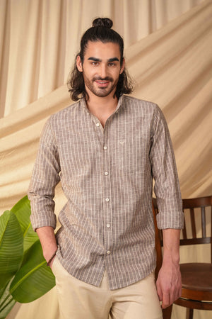 Dusty Brown Striped Pre-Washed Linen Cotton Slim Fit Shirt