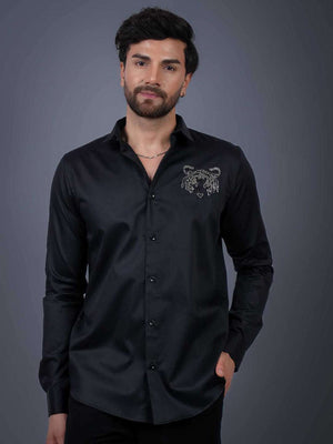 Black Sequin Cotton Satin Slim Fit Shirt