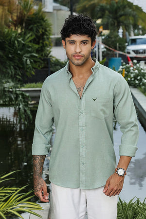 Pastel Green Solid Slim Fit Pre-Washed Linen Shirt