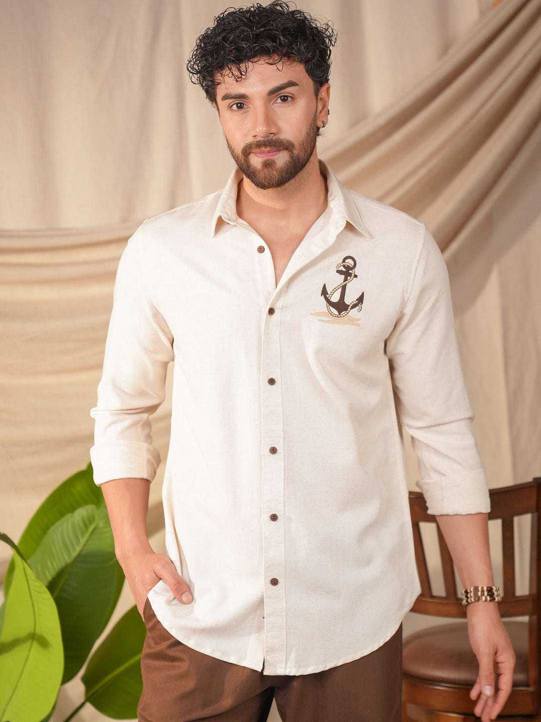 Beige Natural Grains Sparrow Embroidery Linen Cotton Shirt