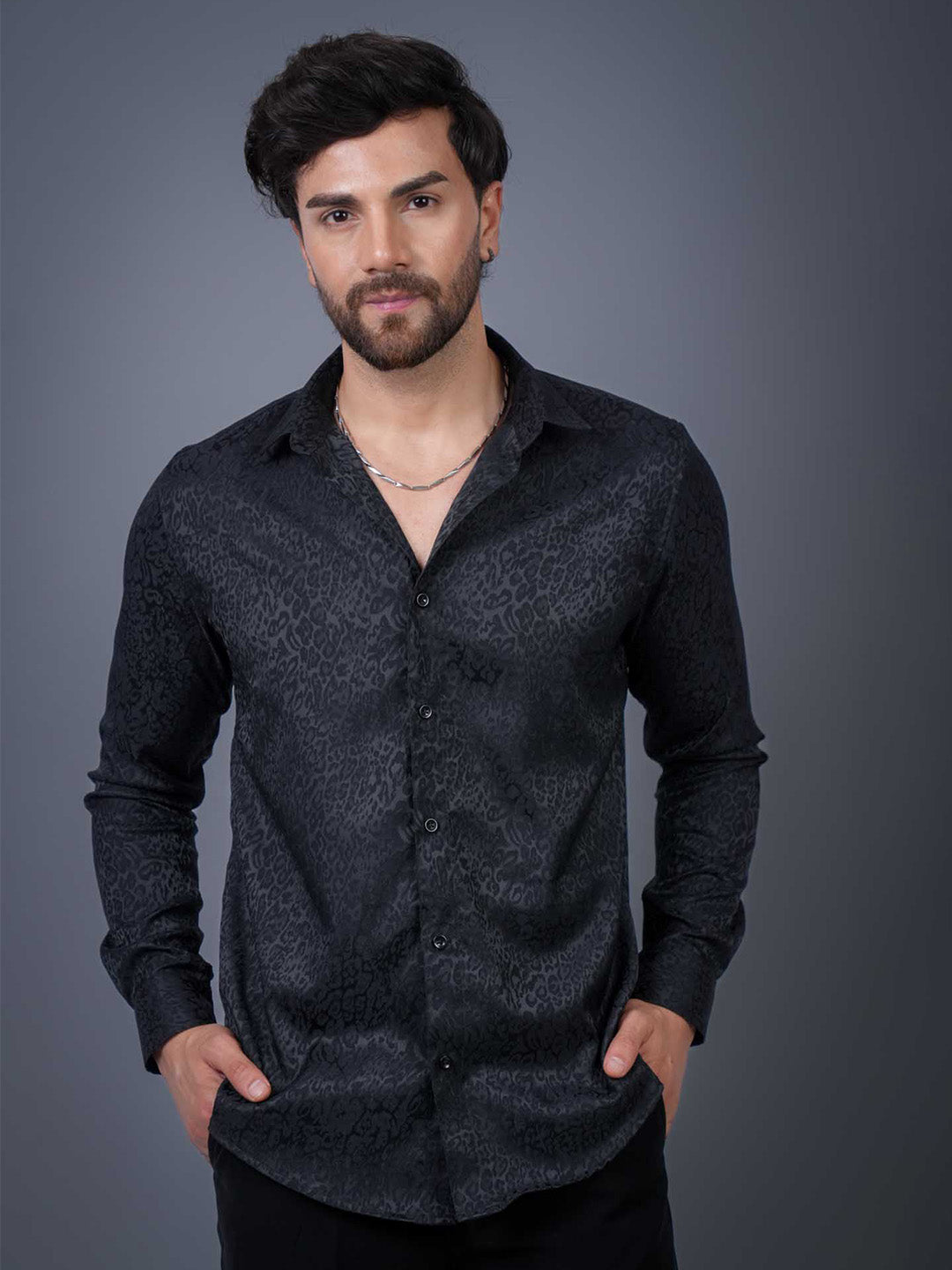 Black Textured Jacquard Slim Fit Shirt
