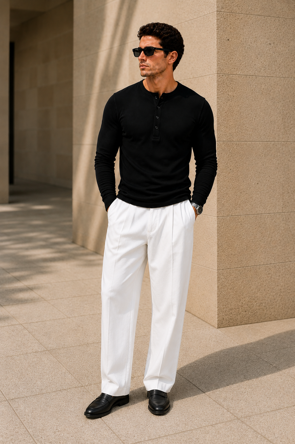 Black Waffle Henley Full Sleeve T-Shirt
