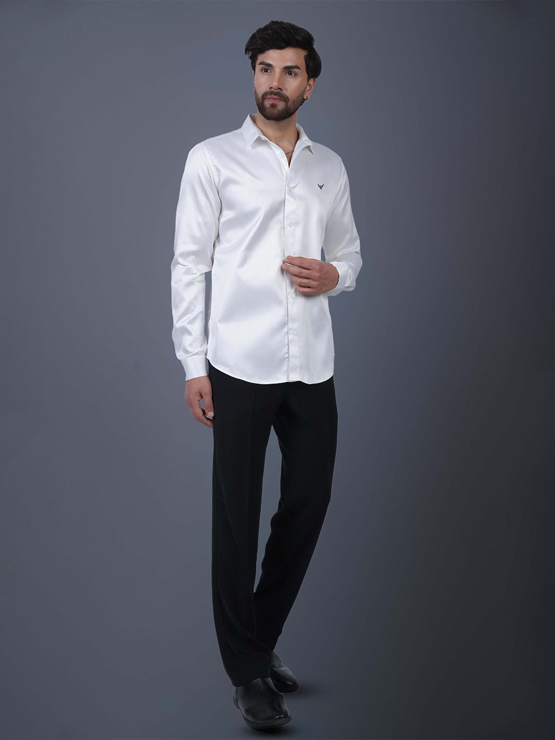 White Solid Cotton Satin Slim Fit Shirt