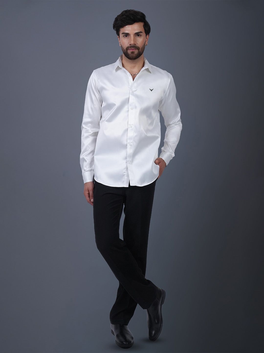 White Solid Cotton Satin Slim Fit Shirt