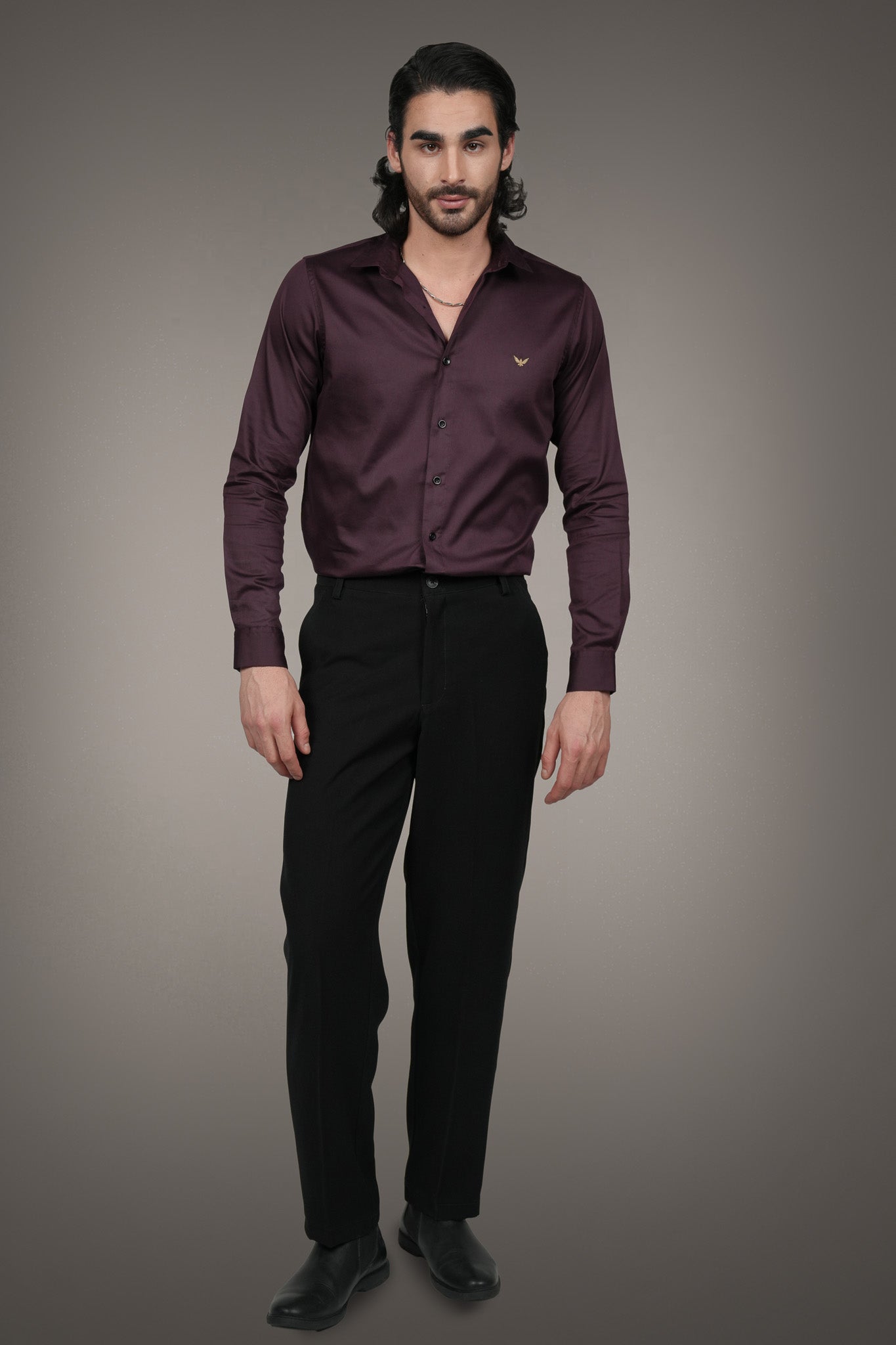 Wine Solid Cotton Satin Slim Fit Shirt