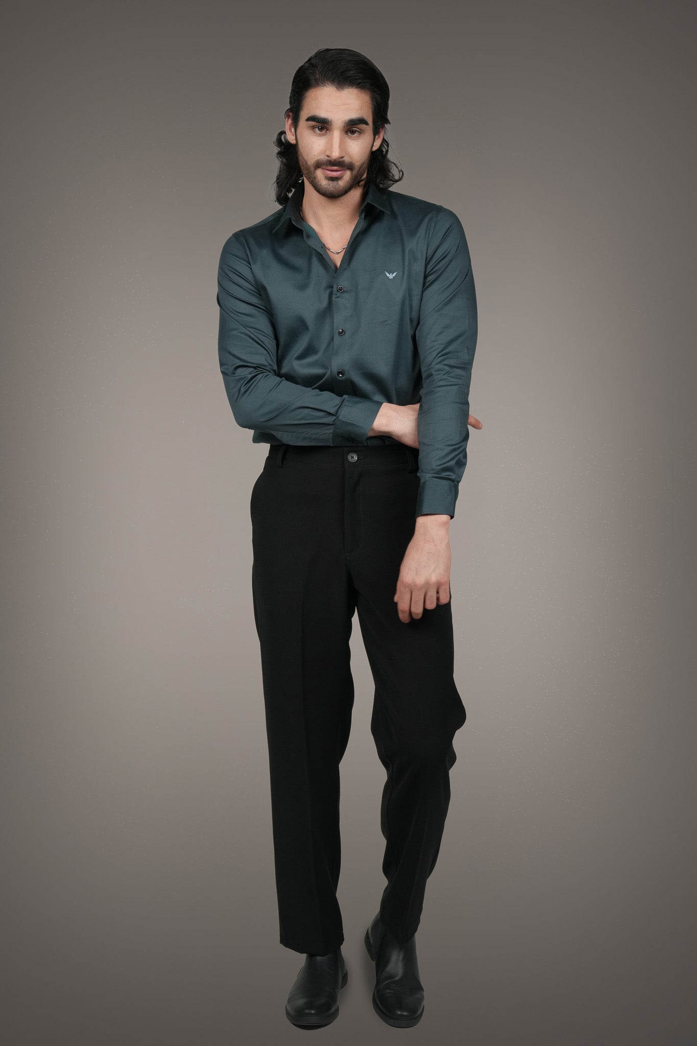 Teal Solid Cotton Satin Slim Fit Shirt