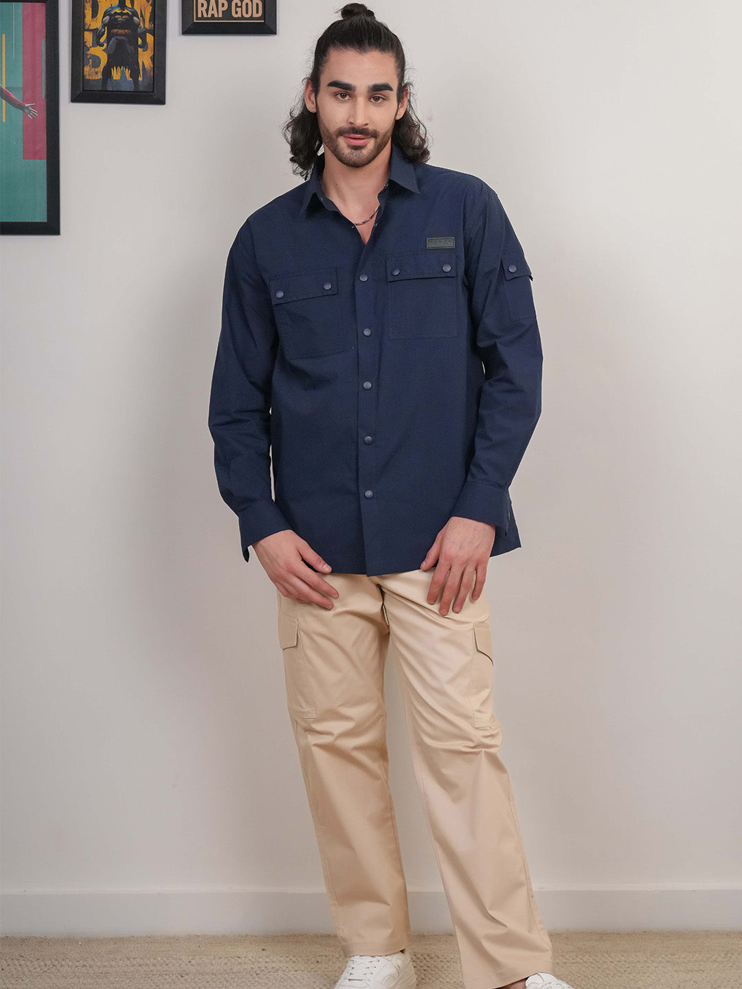 Navy Blue Solid Heavy Cotton Poplin Snap button Boxy Fit Shirt