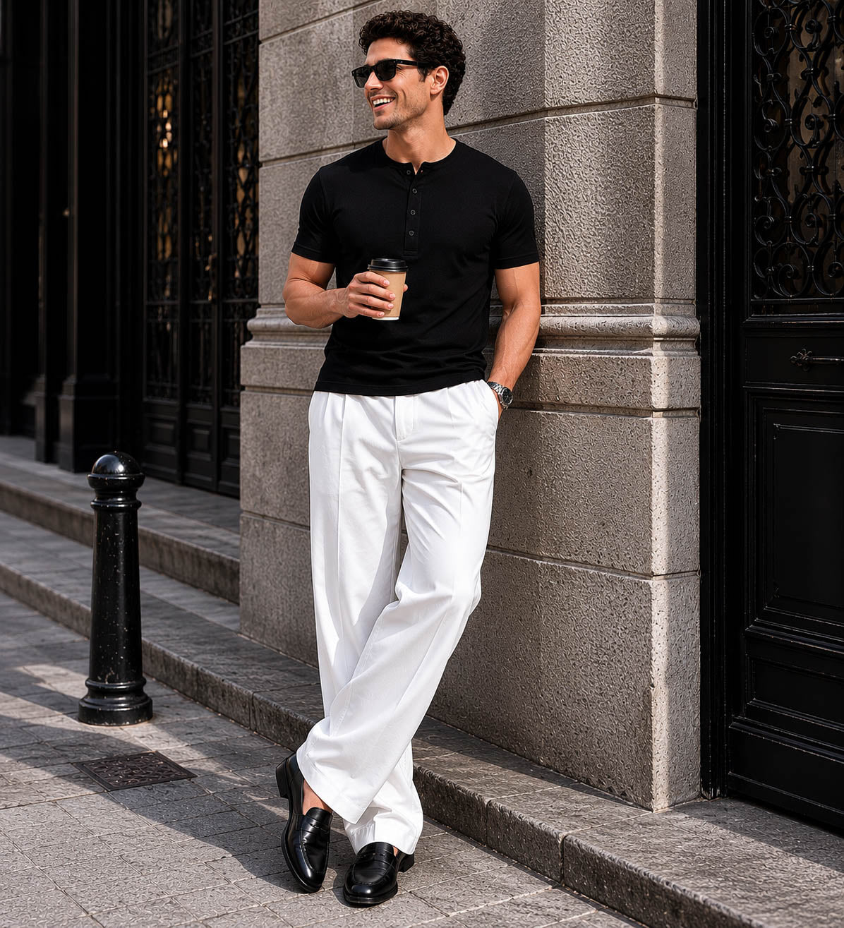 Black Waffle Henley Half Sleeve T-Shirt