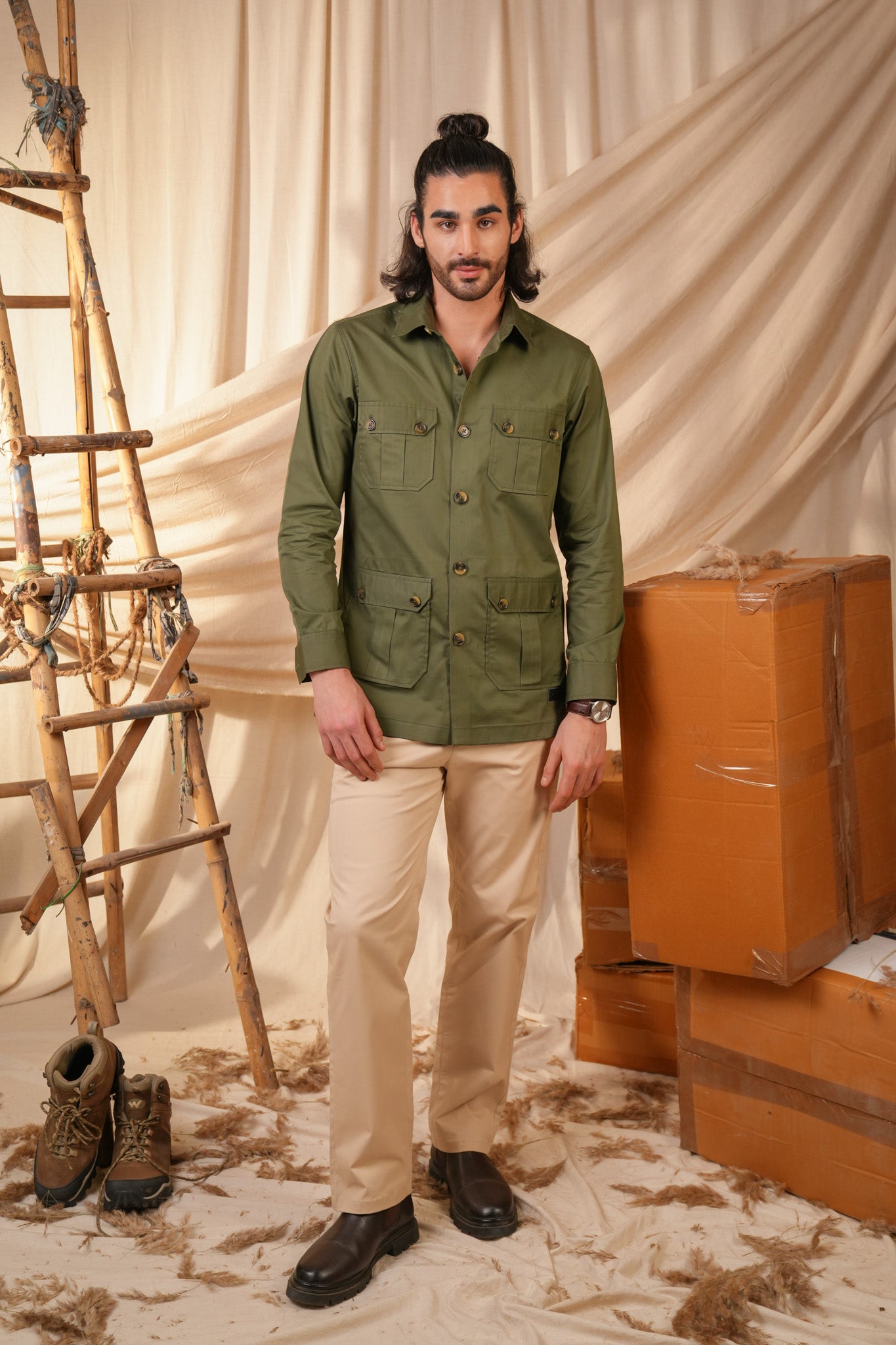 Green Solid Heavy Cotton Twill Regular Fit Shirt For Men