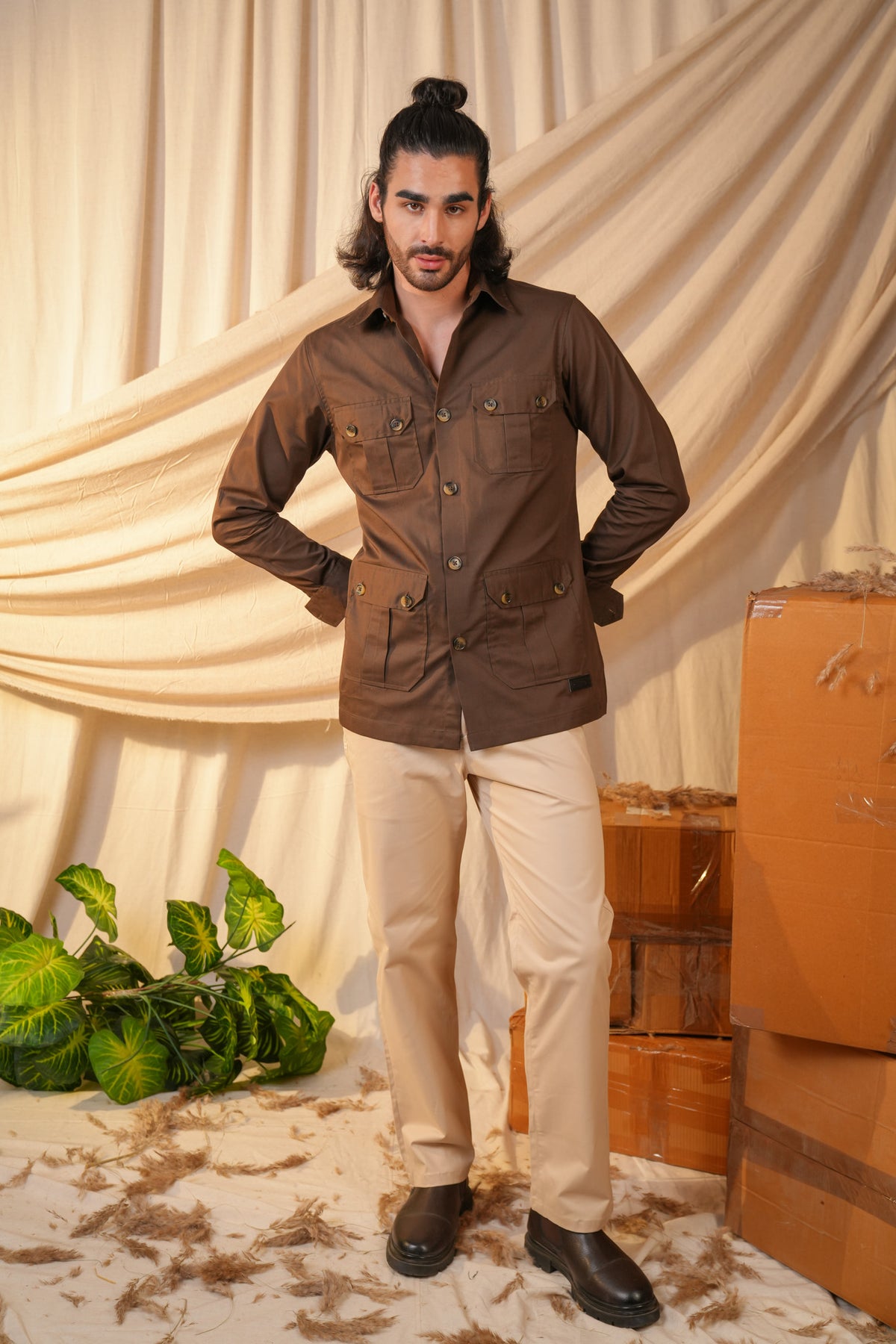Brown Solid Heavy Cotton Twill Regular Fit Shirt For Men
