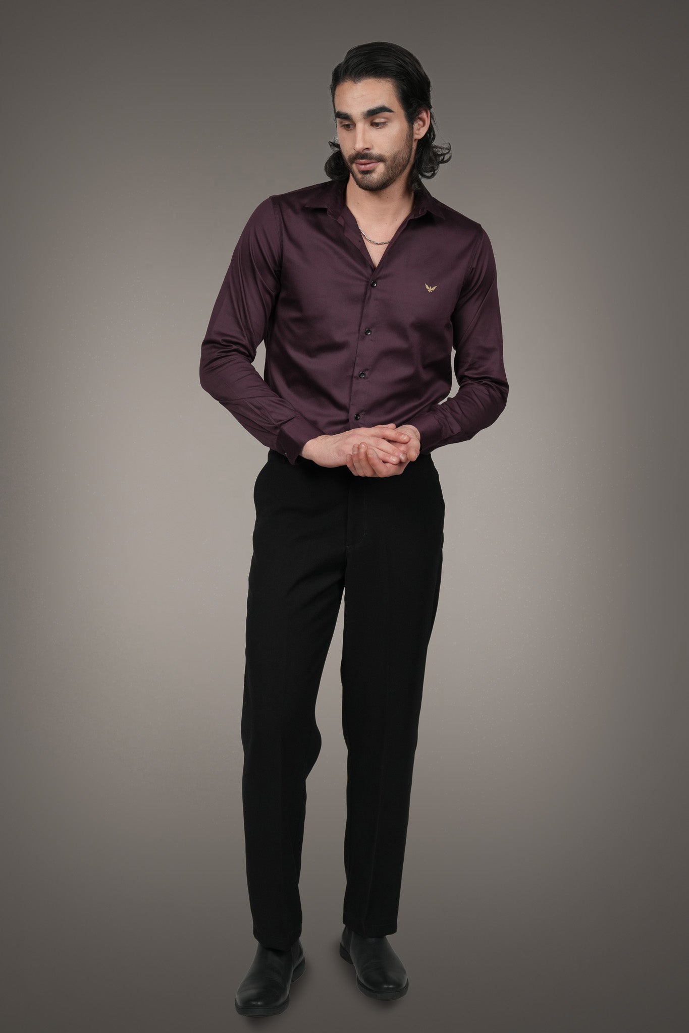 Wine Solid Cotton Satin Slim Fit Shirt