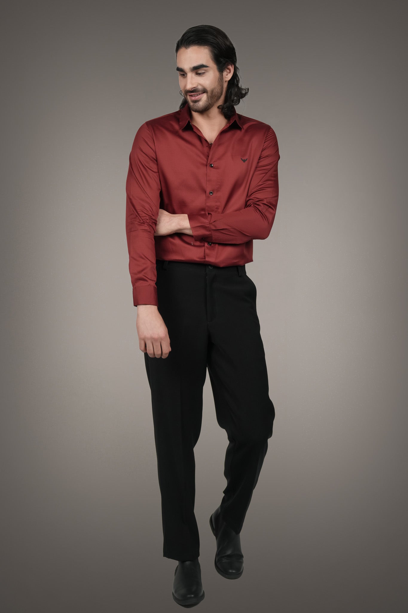 Intense Red Solid Cotton Satin Slim Fit Shirt