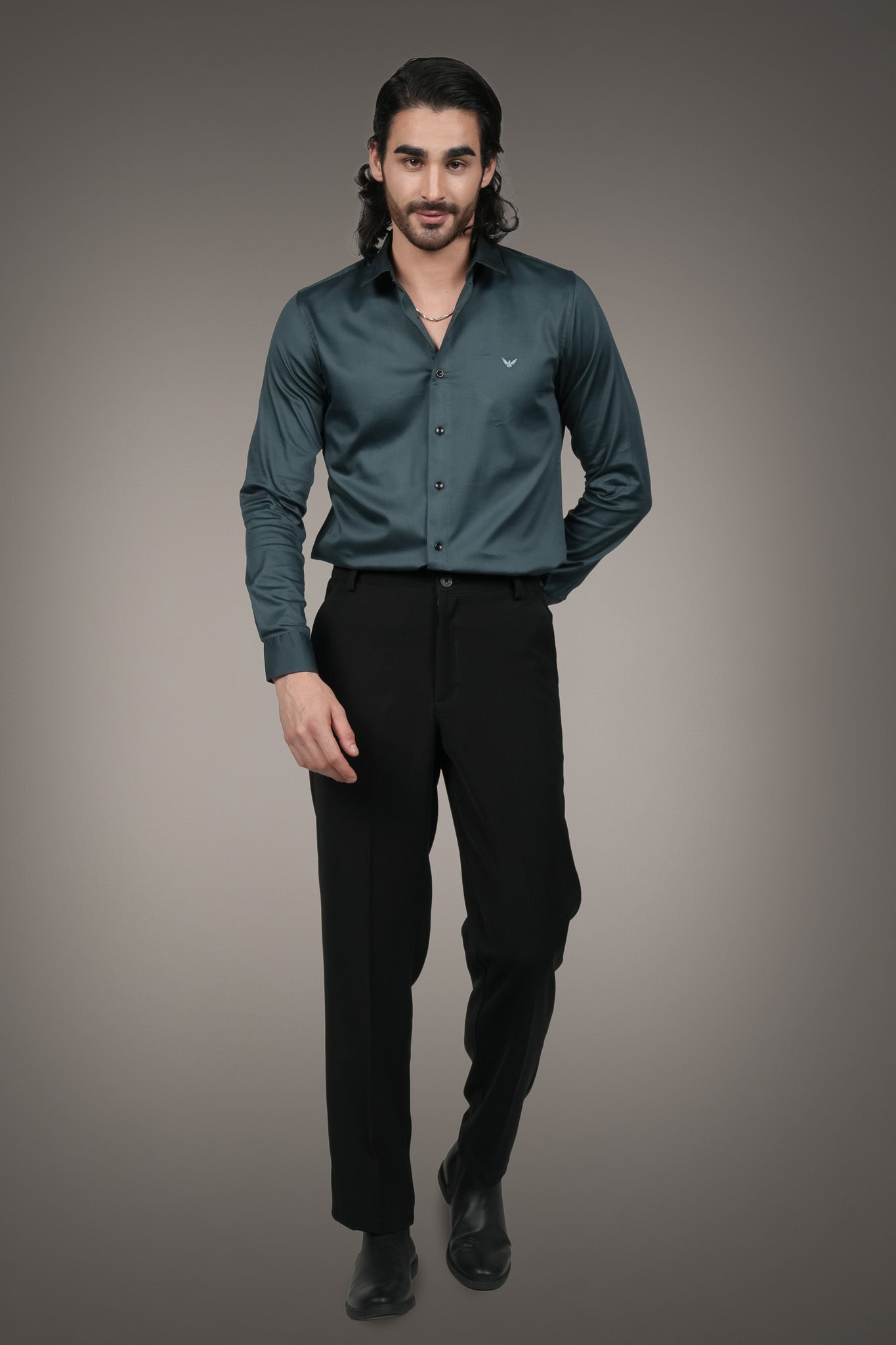 Teal Solid Cotton Satin Slim Fit Shirt