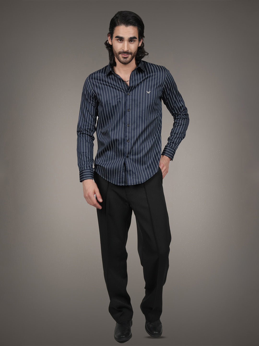 Navy Cotton Satin Slim Fit Striped Casual Shirt for Men