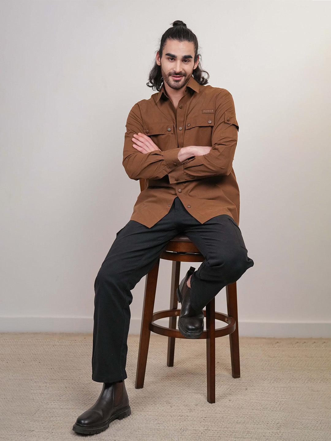 Brown Solid Heavy Cotton Poplin Snap button Boxy Fit Shirt
