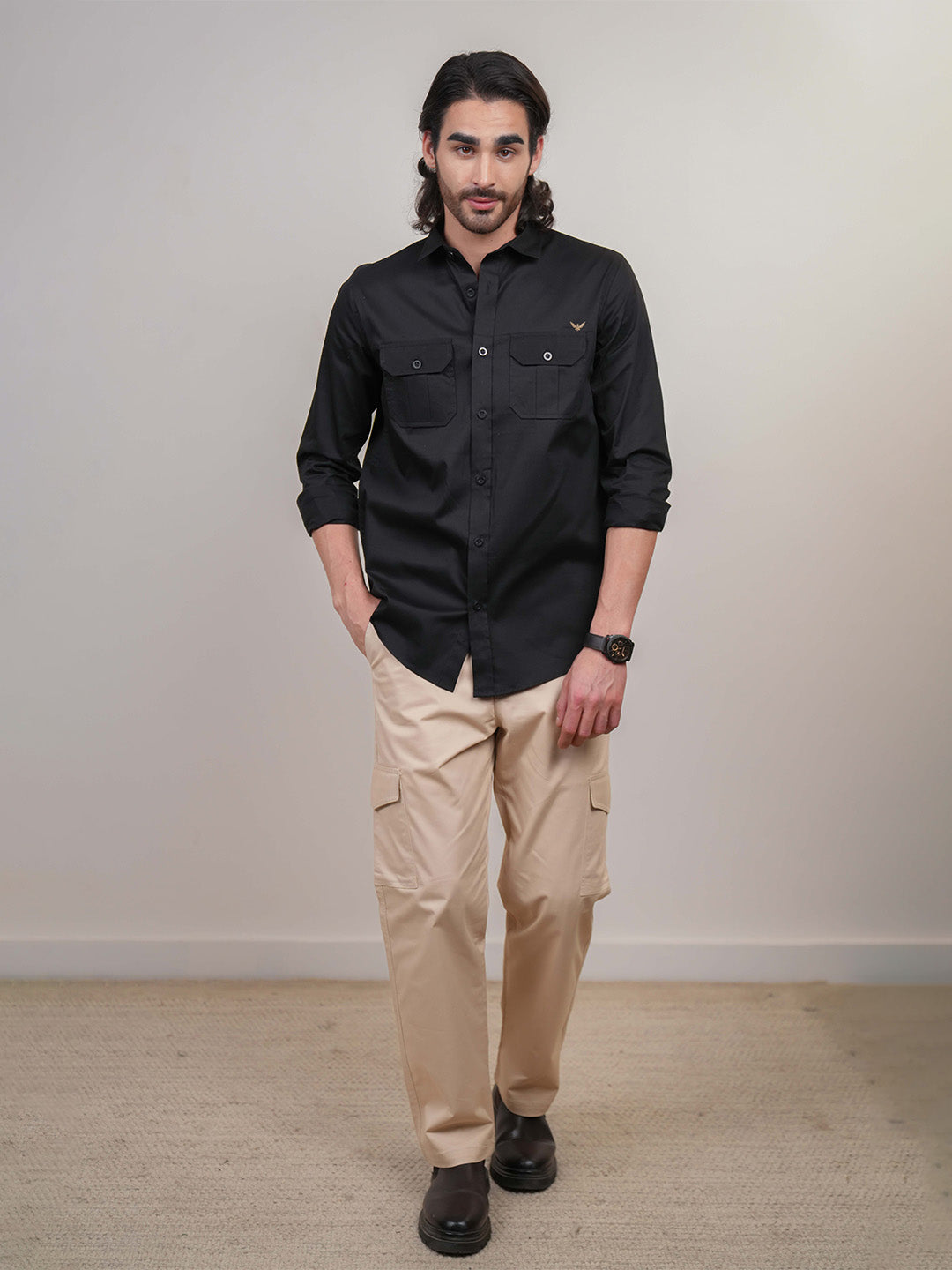 Black Solid Cotton Twill Slim Fit Shirt