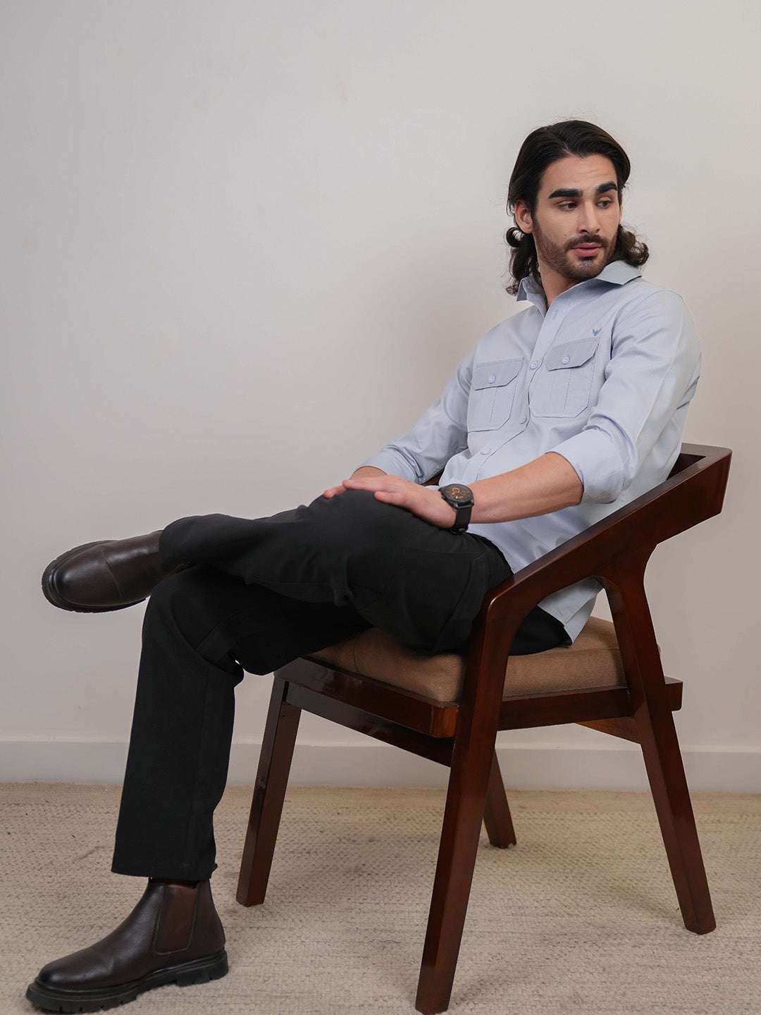 Shadow Blue Solid Cotton Twill Slim Fit Shirt