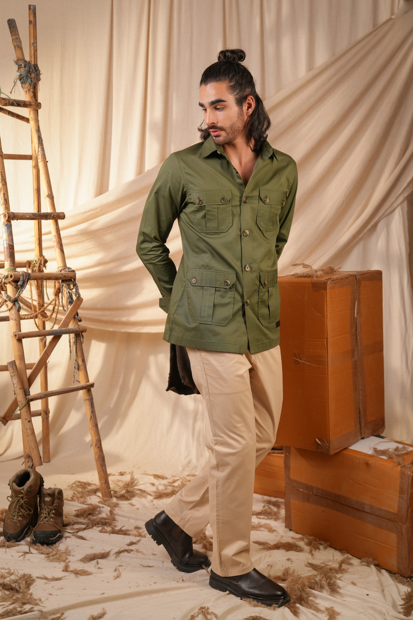 Green Solid Heavy Cotton Twill Regular Fit Shirt For Men