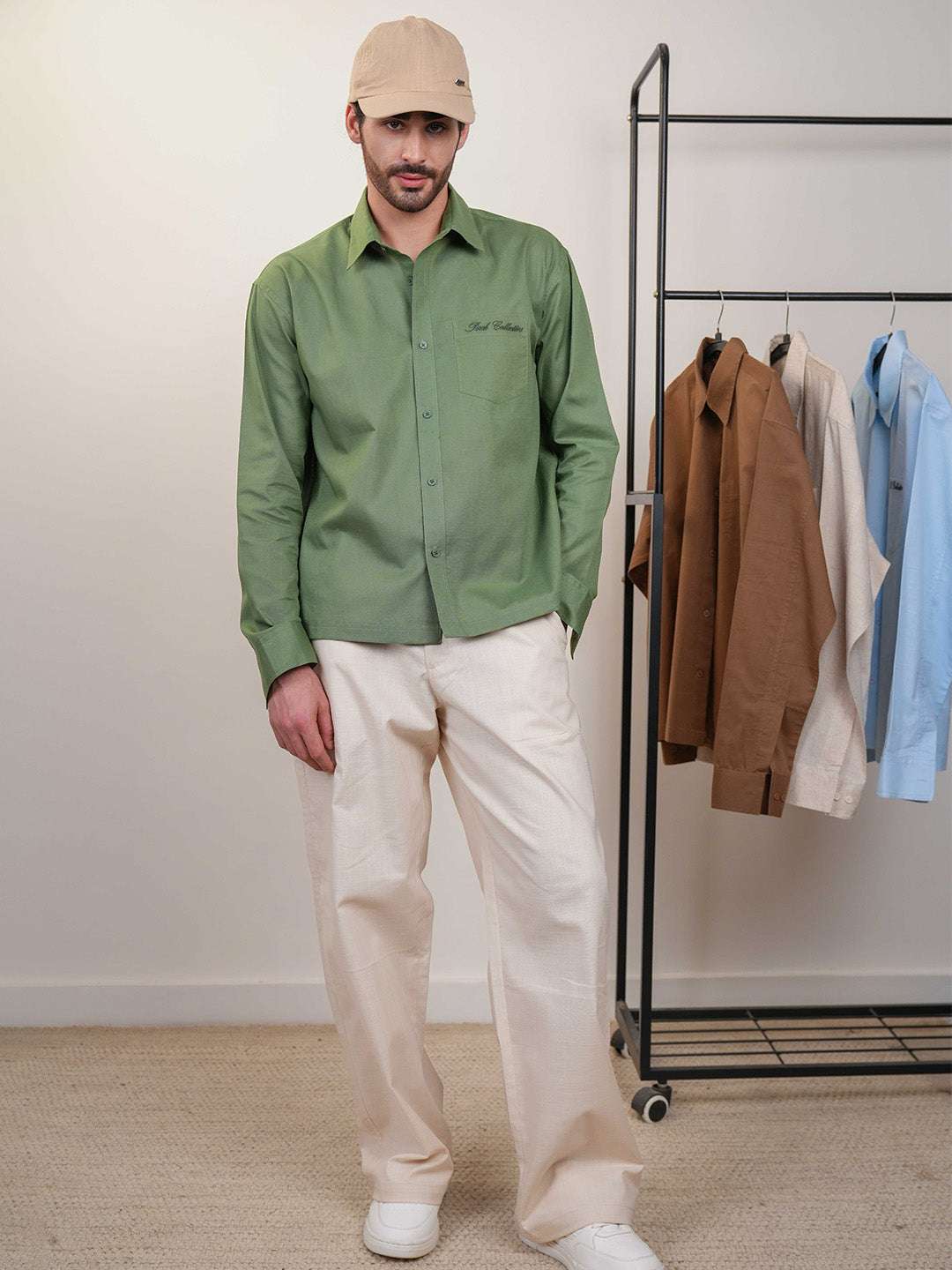 Moss Green Solid Linen Cotton Boxy Fit Shirt