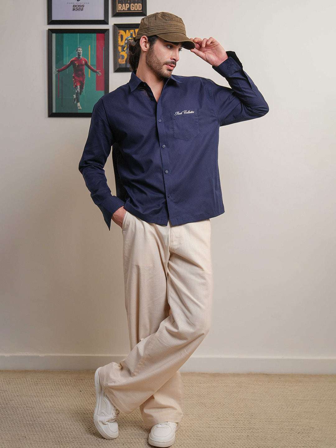 Navy Blue Solid Linen Cotton Boxy Fit Shirt