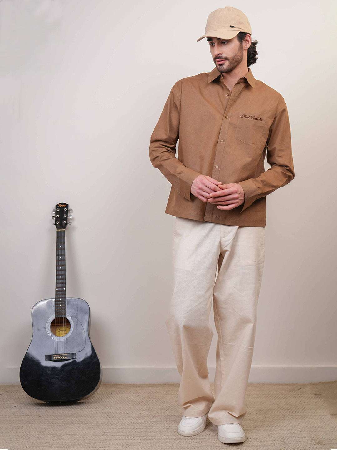 Brown Solid Linen Cotton Boxy Fit Shirt