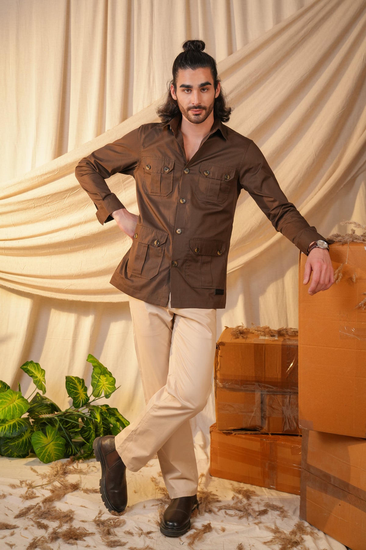 Brown Solid Heavy Cotton Twill Regular Fit Shirt For Men