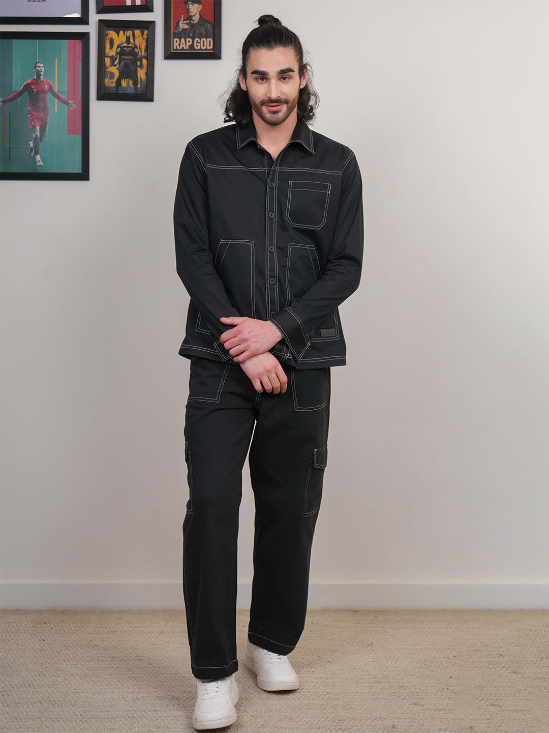 Black Solid Heavy Cotton Twill Boxy Fit Shirt For Men