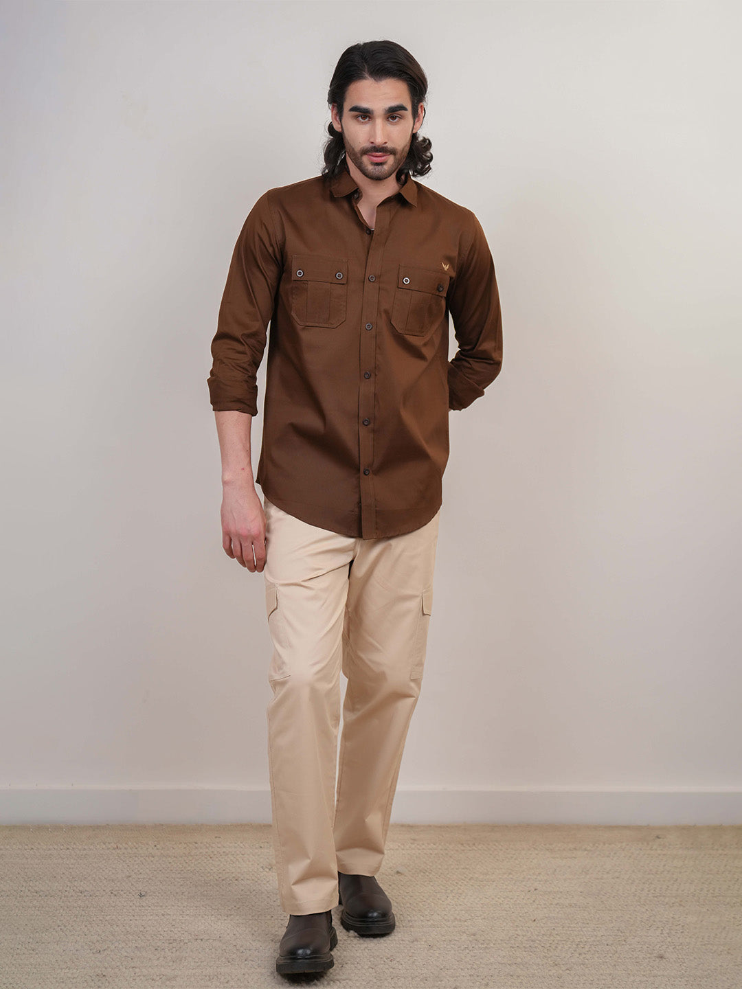Brown Solid Cotton Twill Slim Fit Shirt
