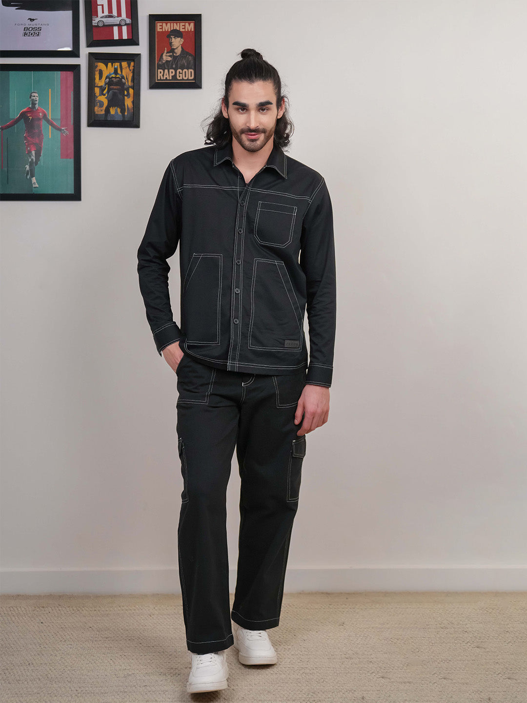 Black Solid Heavy Cotton Twill Boxy Fit Shirt For Men