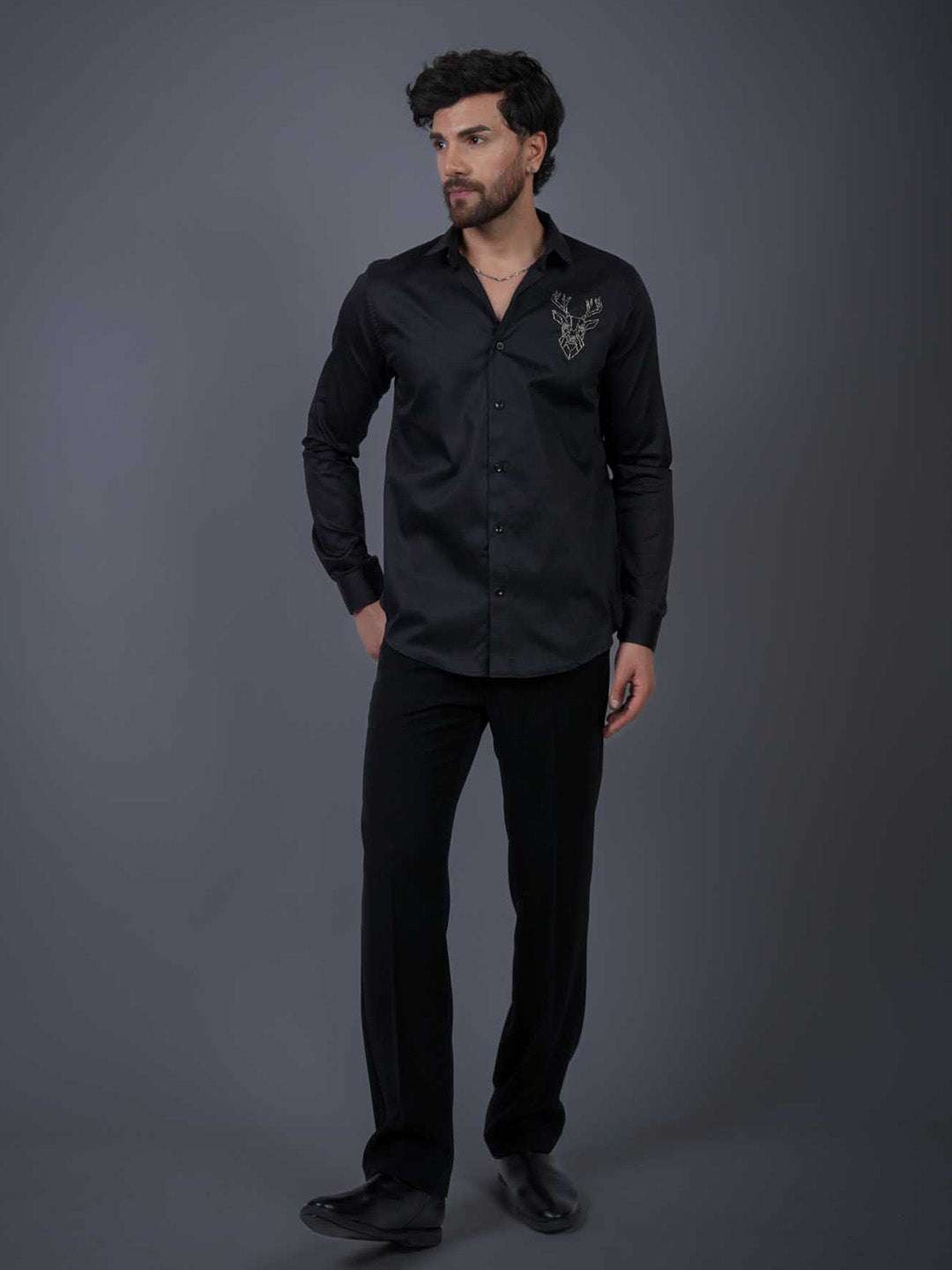 Black Sequin Cotton Satin Slim Fit Shirt