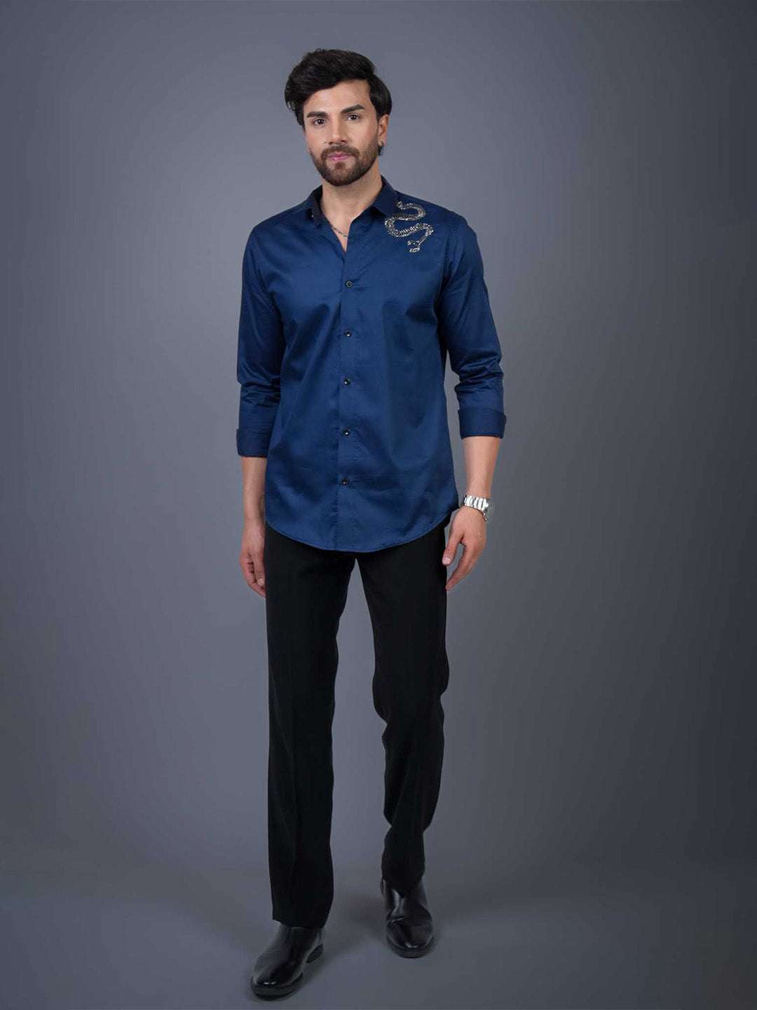 Navy Sequin Cotton Satin Slim Fit Shirt