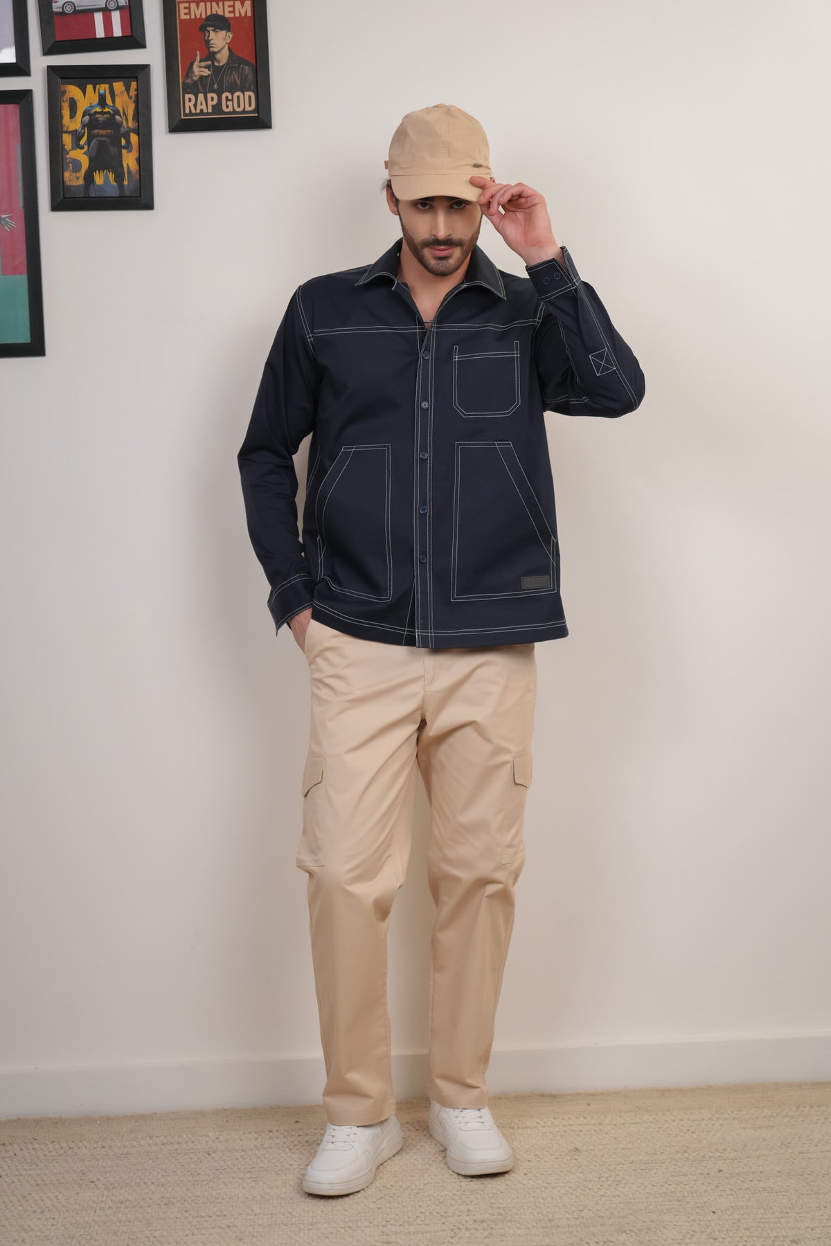 Navy Blue Solid Heavy Cotton Twill Boxy Fit Shirt For Men