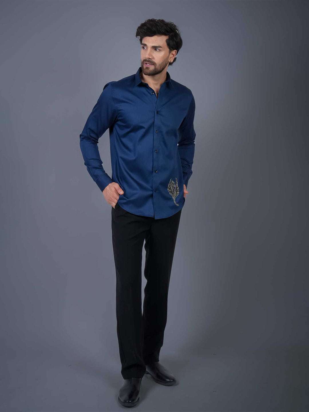 Navy Sequin Cotton Satin Slim Fit Shirt