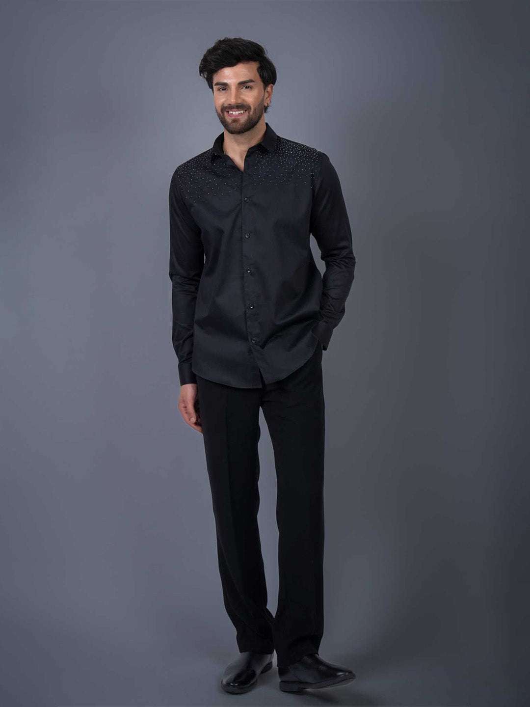 Black Sequin Cotton Satin Slim Fit Shirt