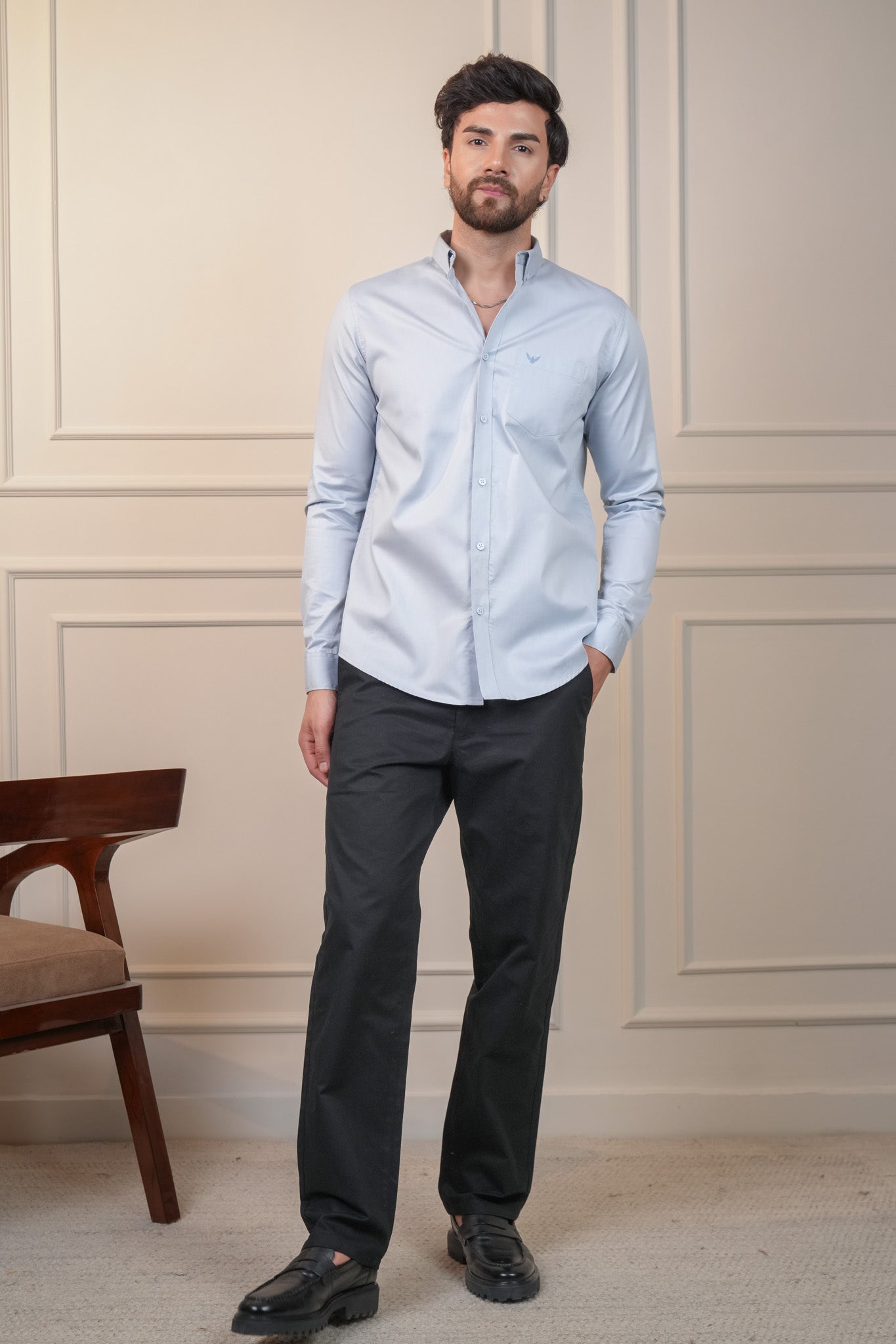 Shadow Blue Solid Cotton Twill  Slim Fit Shirt