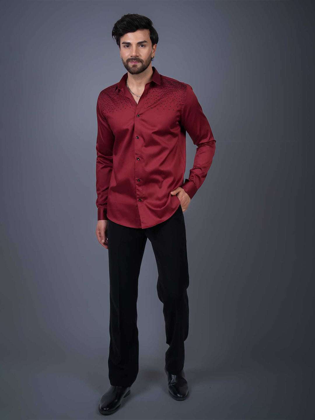 Intense Red Sequin Cotton Satin Slim Fit Shirt