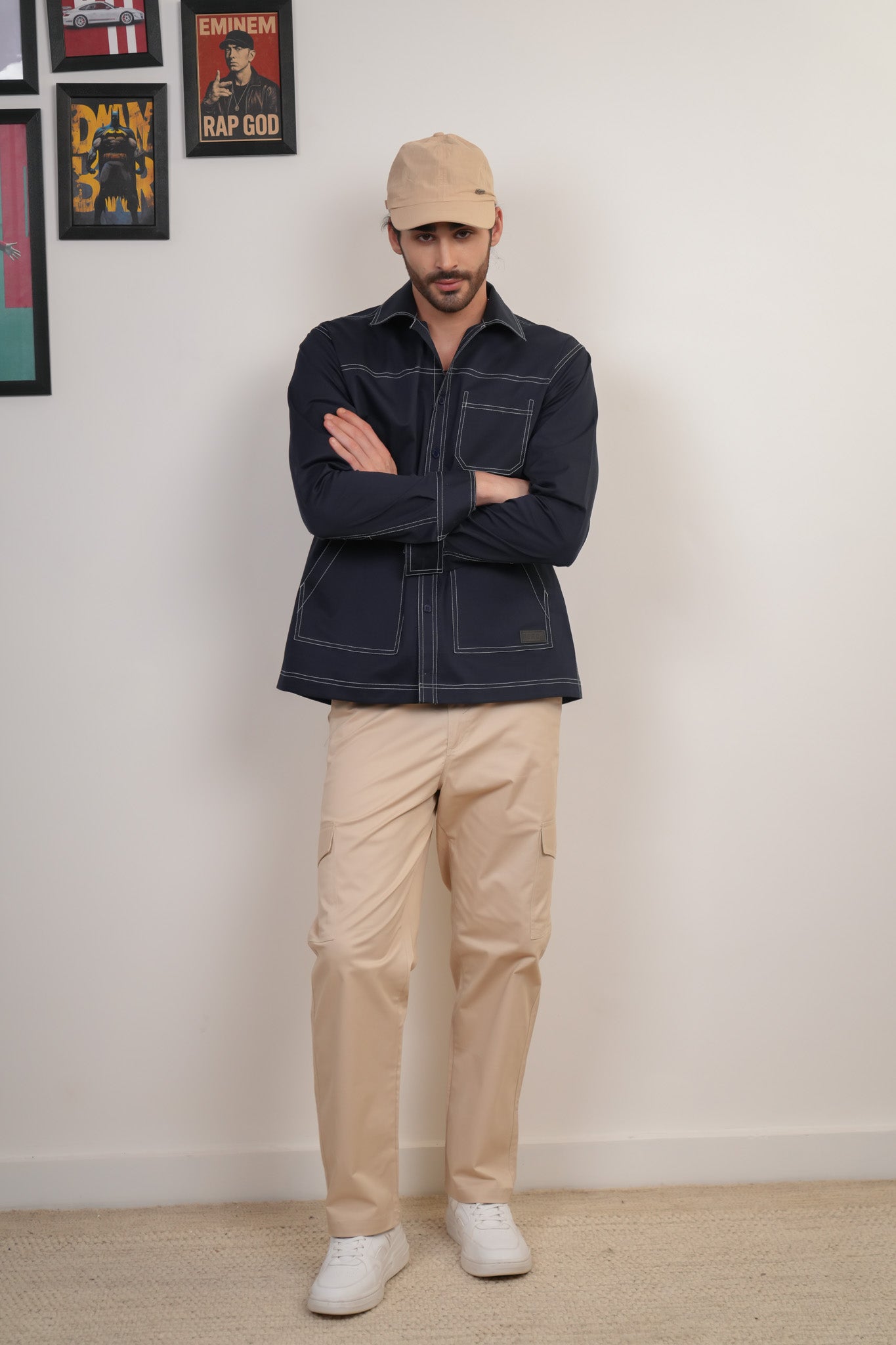 Navy Blue Solid Heavy Cotton Twill Boxy Fit Shirt For Men