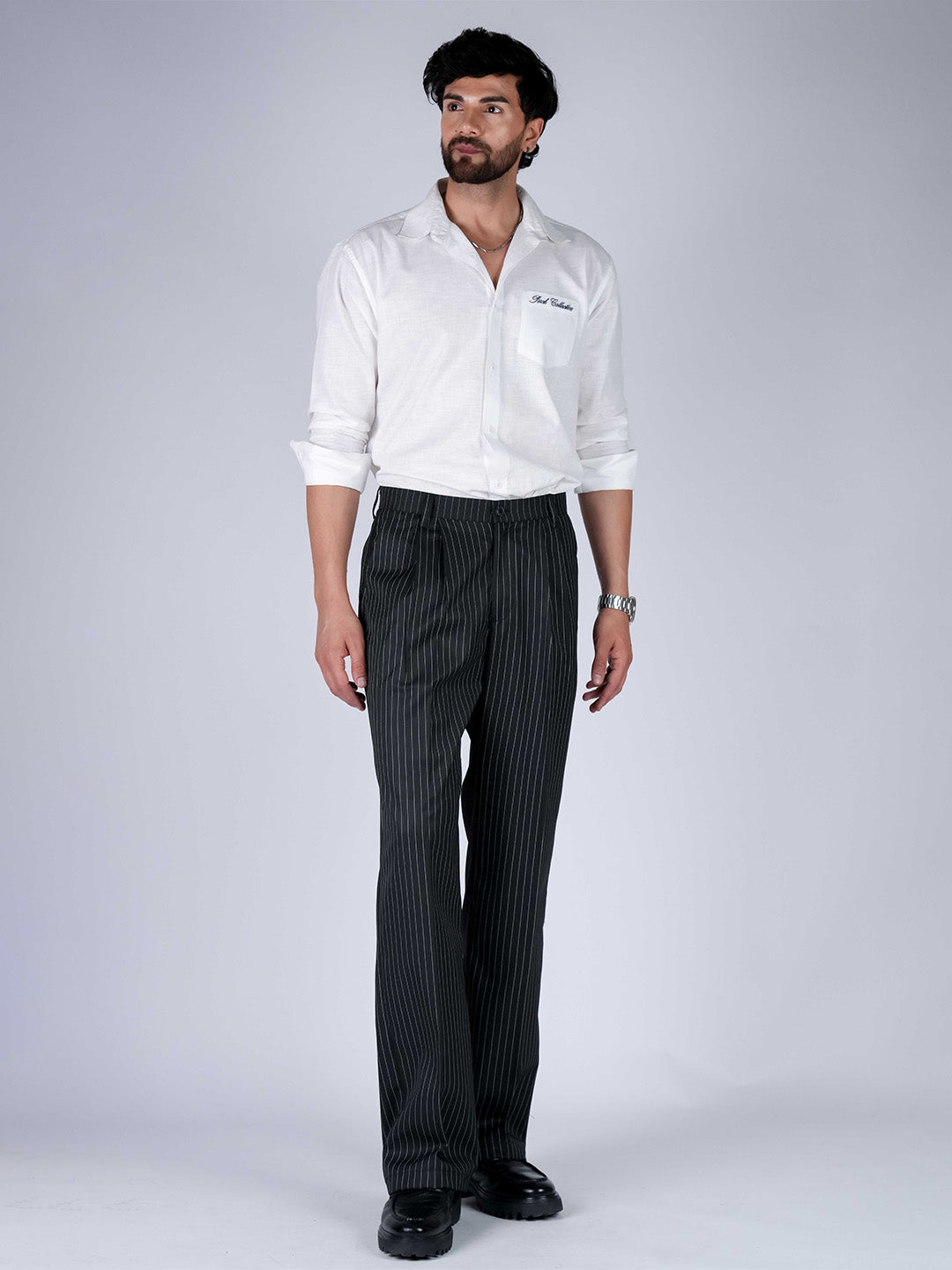 Black Striped Viscose Relaxed Fit Korean Pant