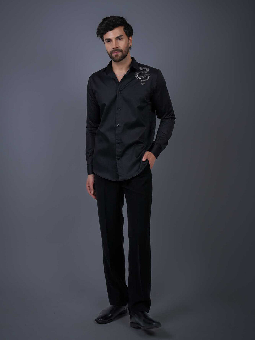 Black Sequin Cotton Satin Slim Fit Shirt