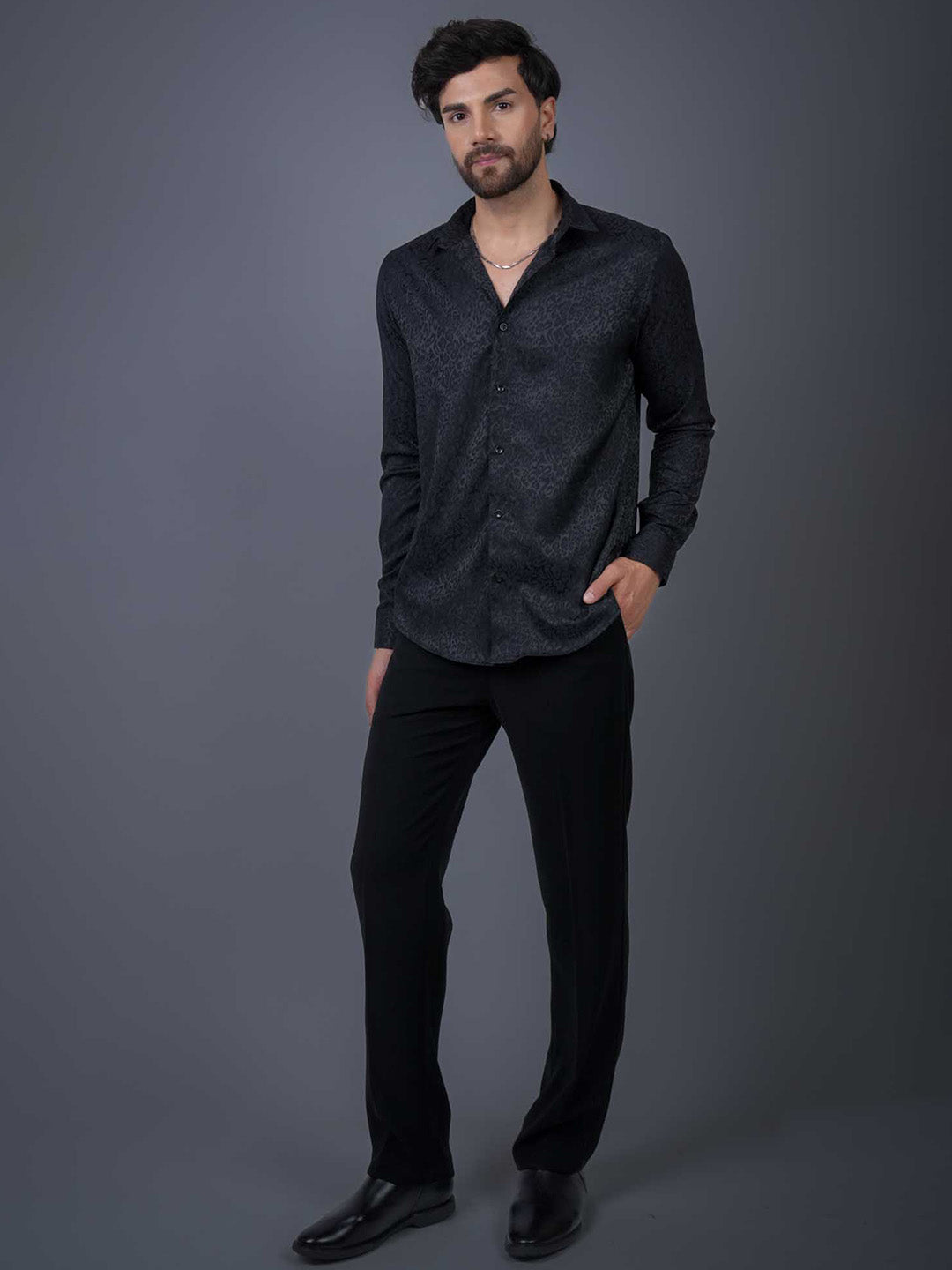 Black Textured Jacquard Slim Fit Shirt