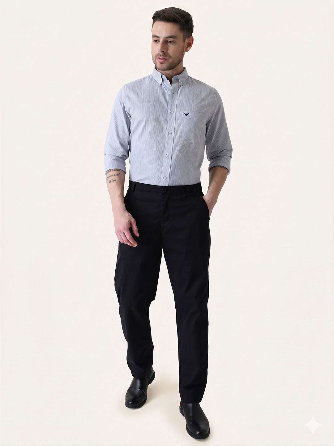 Navy Blue Striped Slim Fit Cotton Shirt