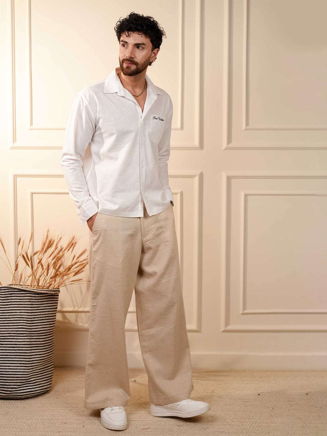 Natural Grain Beige Solid Linen Cotton Relaxed Fit Pants