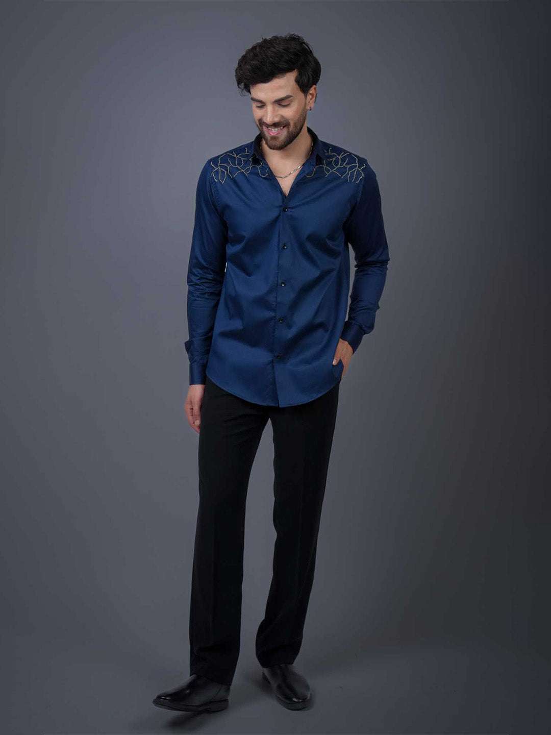 Navy Sequin Cotton Satin Slim Fit Shirt