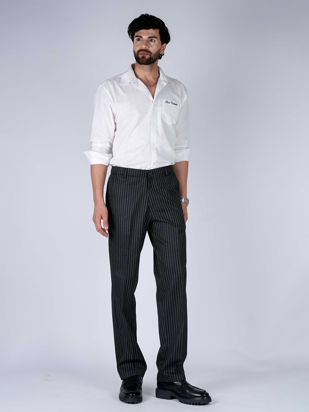 Black Striped Viscose Slim Fit Pant