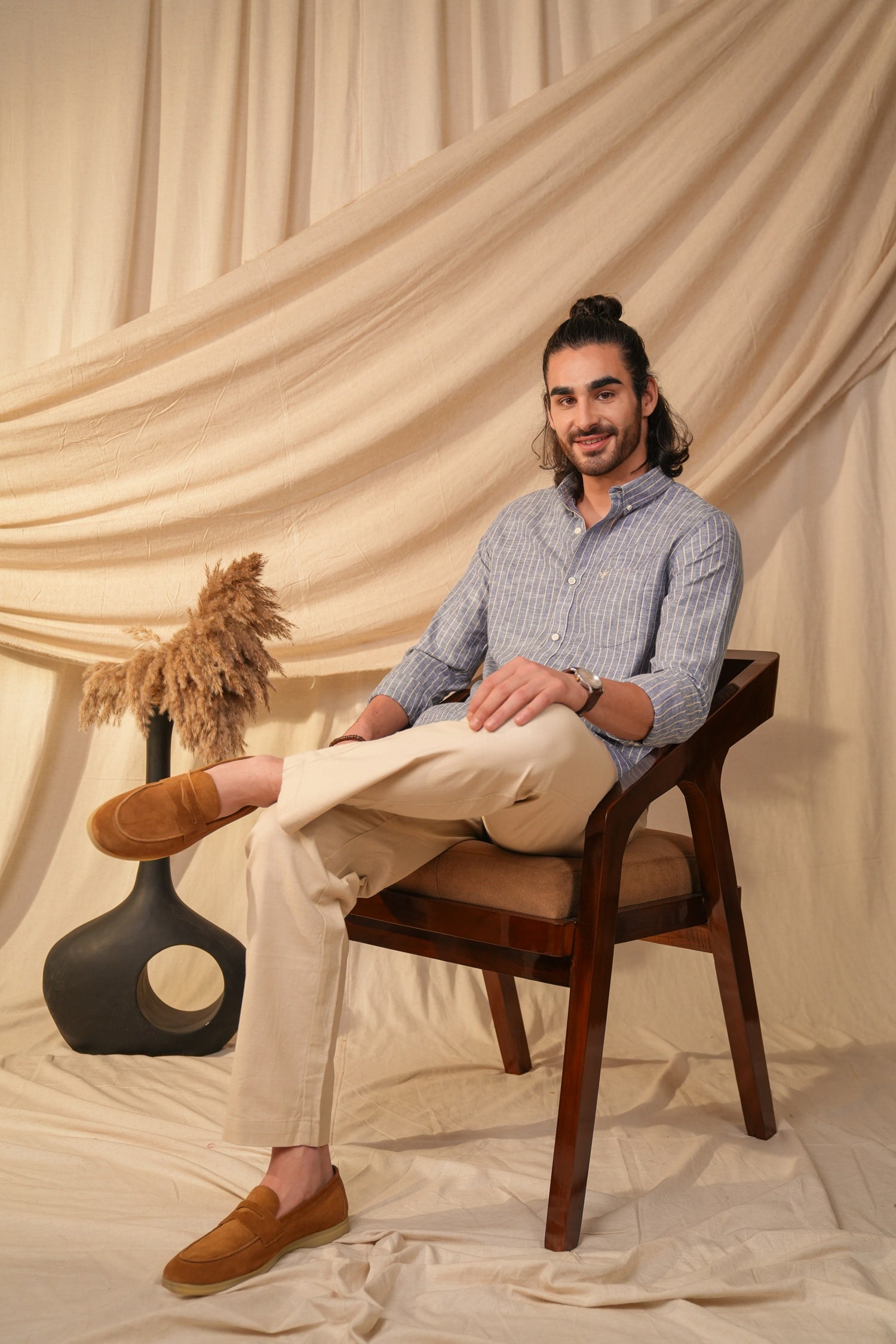 Dusty Blue Striped Linen Cotton Slim Fit Shirt