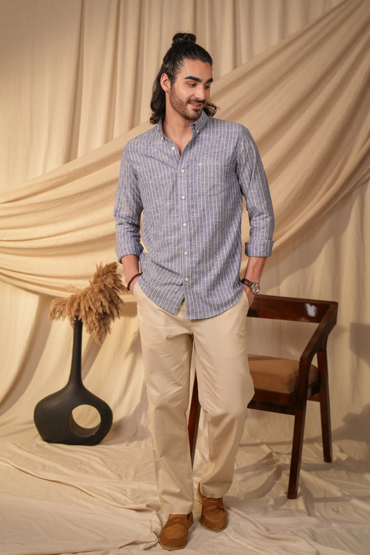 Dusty Blue Striped Linen Cotton Slim Fit Shirt