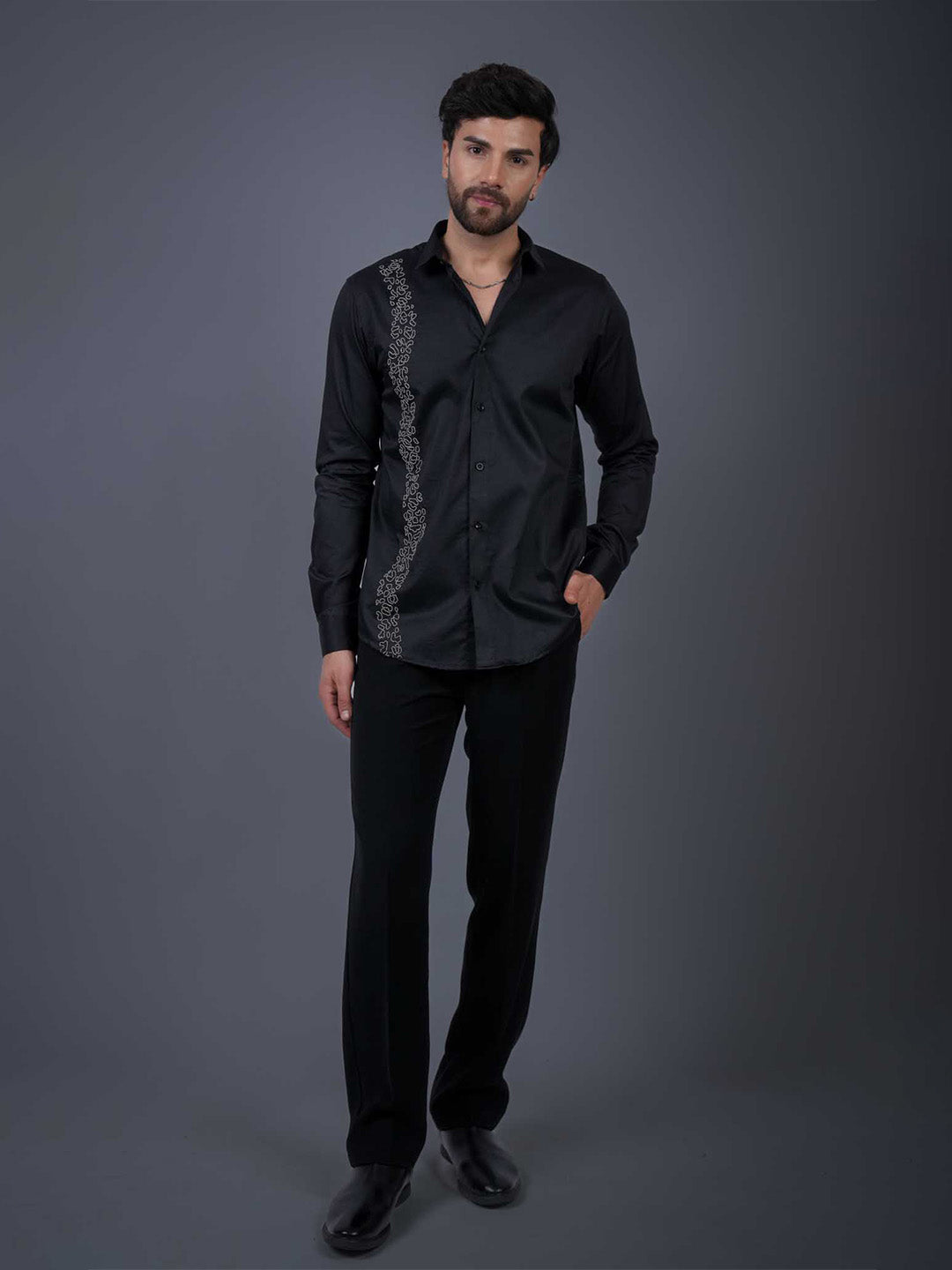 Black Sequin Cotton Satin Slim Fit Shirt