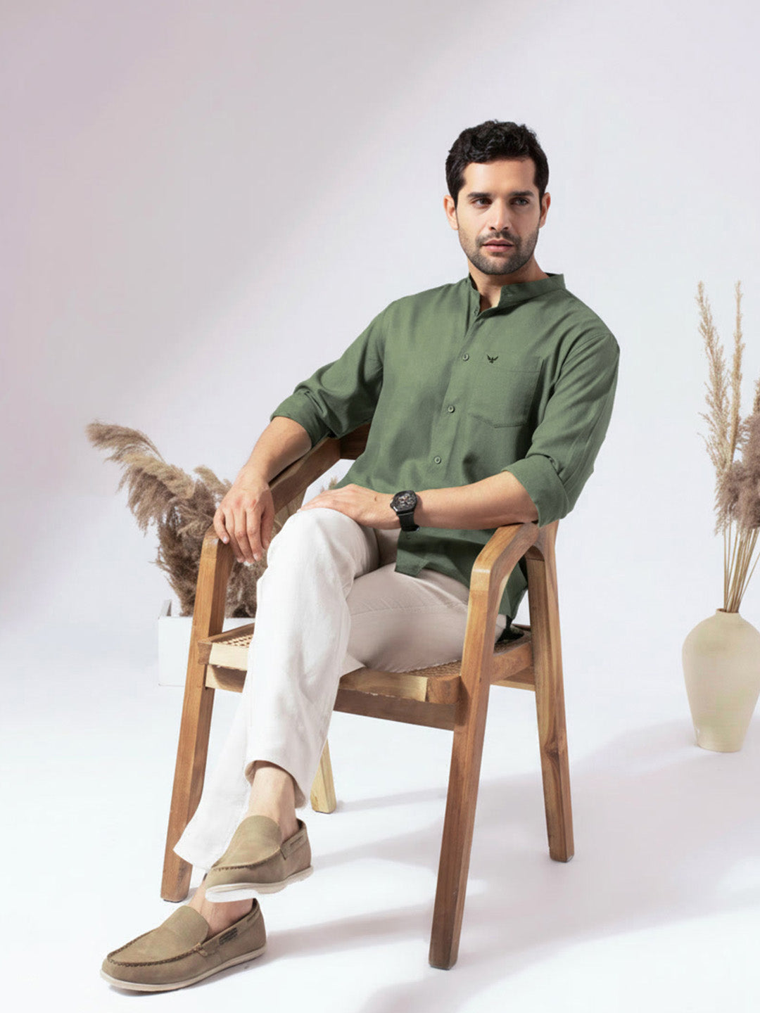 Green Band Collar Linen Blend Shirt