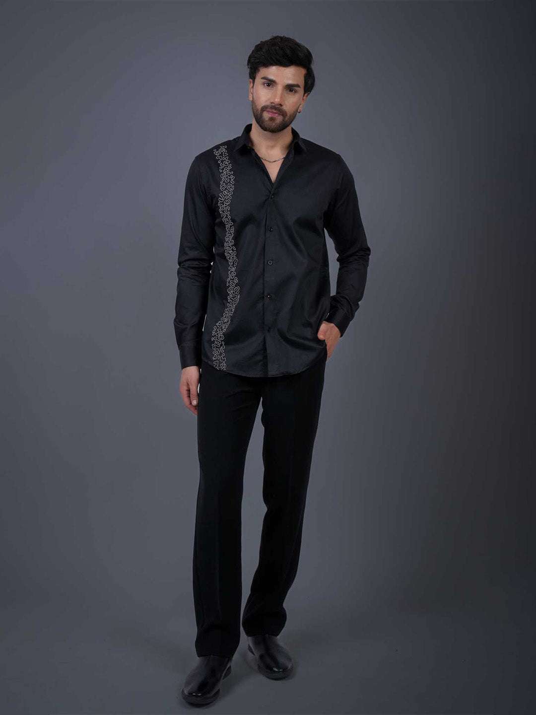 Black Sequin Cotton Satin Slim Fit Shirt