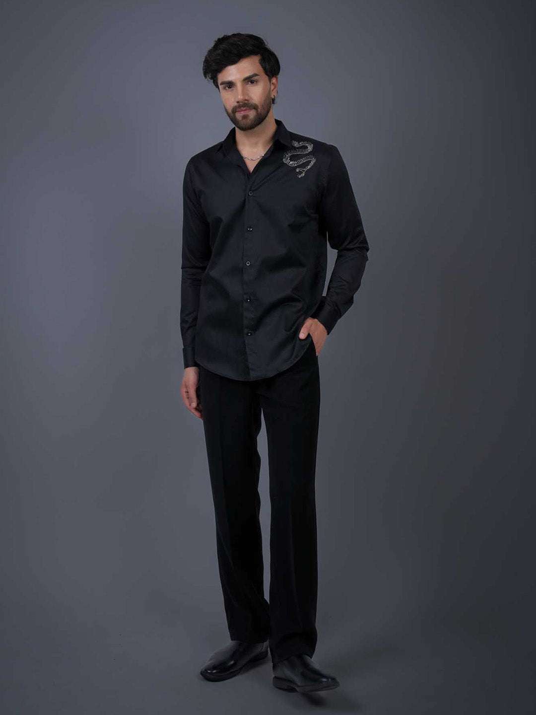Black Sequin Cotton Satin Slim Fit Shirt